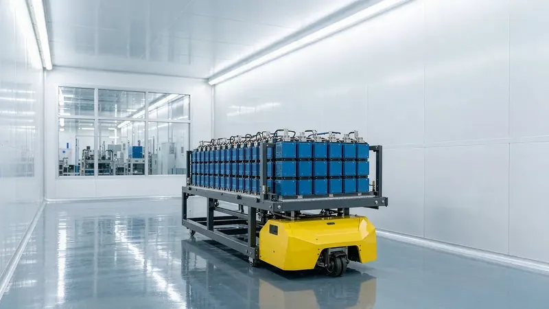 AGV robot transporting materials inside the clean battery workshop